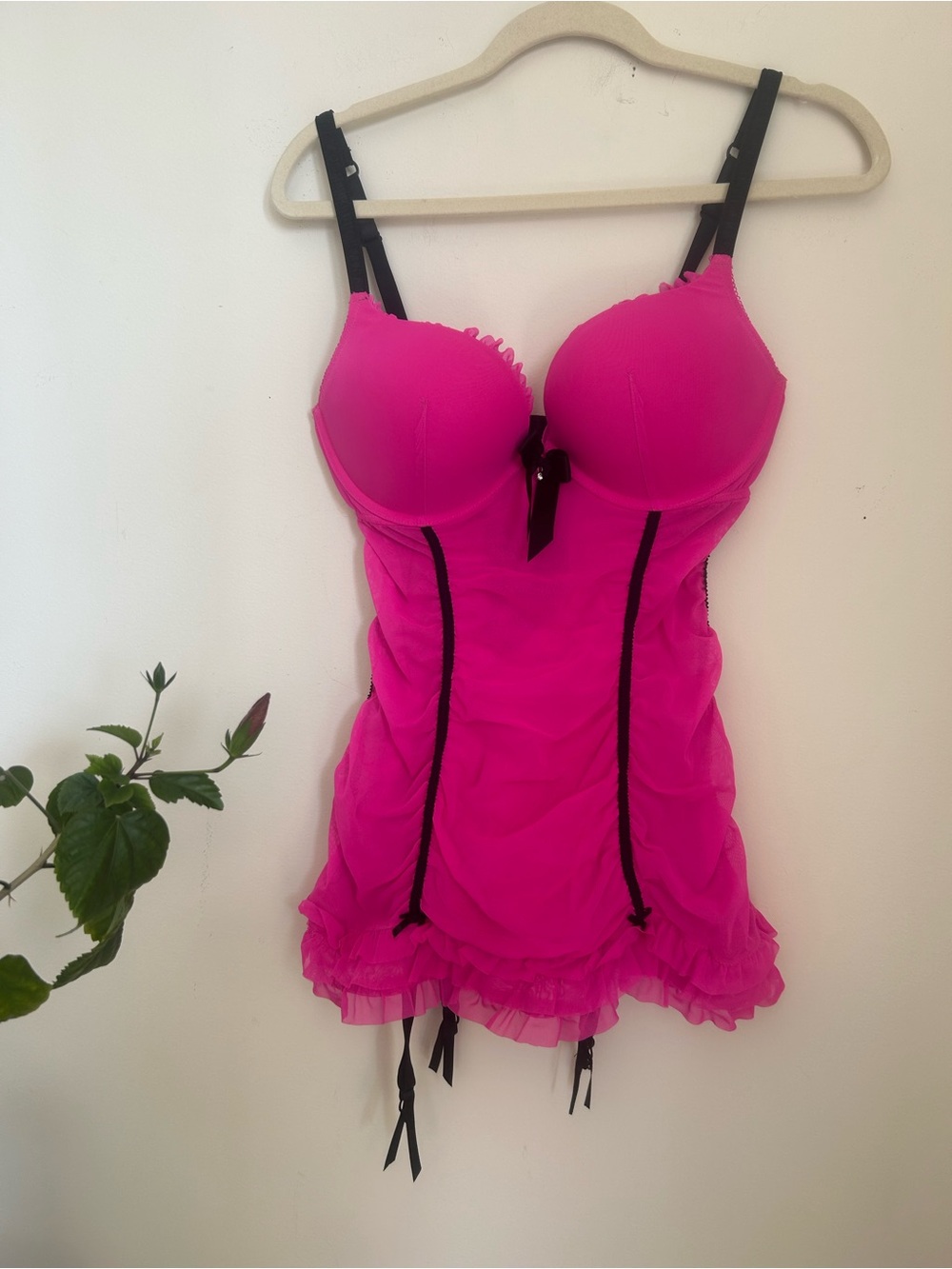 Hot Pink Lace-Trim Bustier Chemise with Black Accents - Picture 1 of 4
